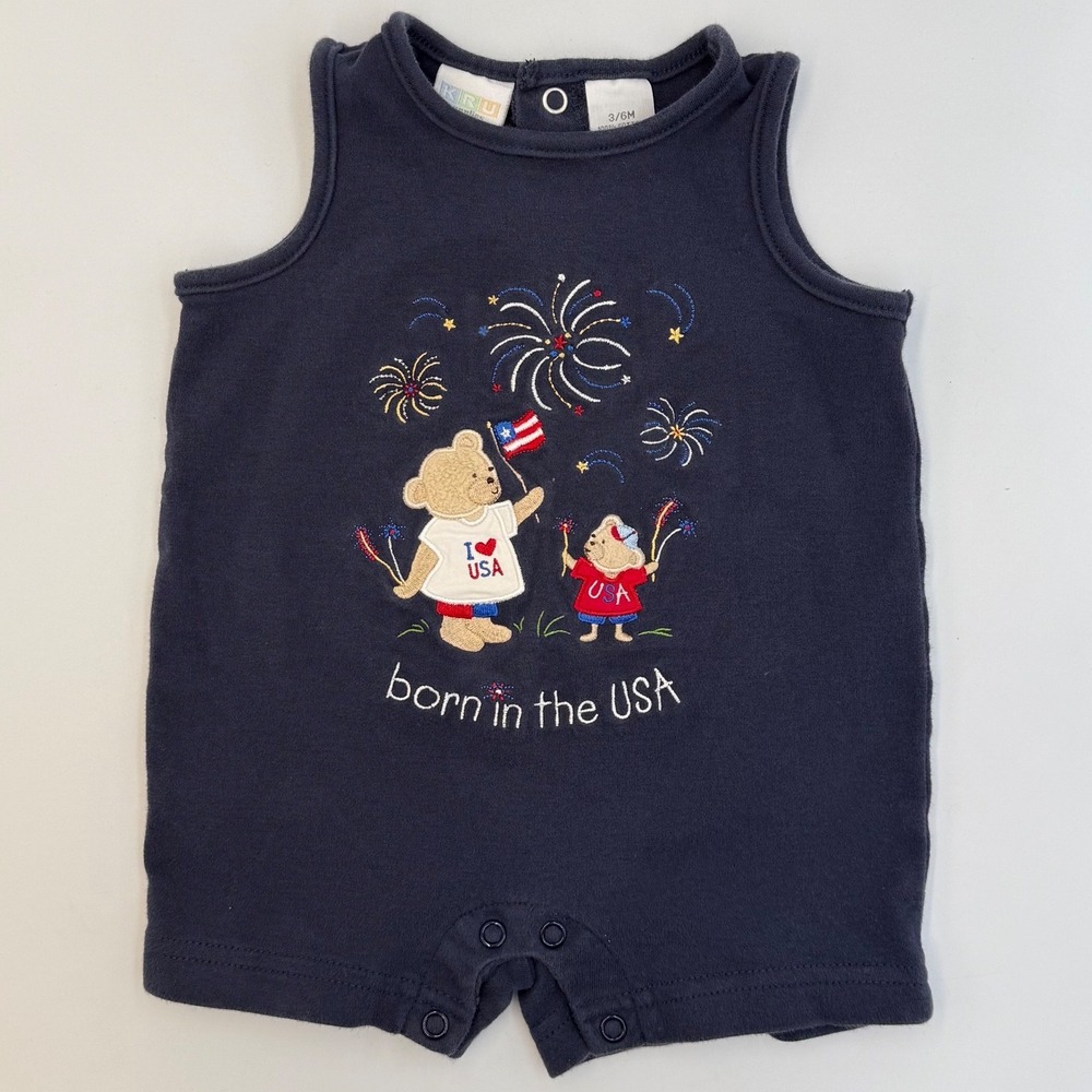 KRU Supplies Patriotic Baby Romper 3–6M Born in the USA Embroidered Teddy‎ Bear